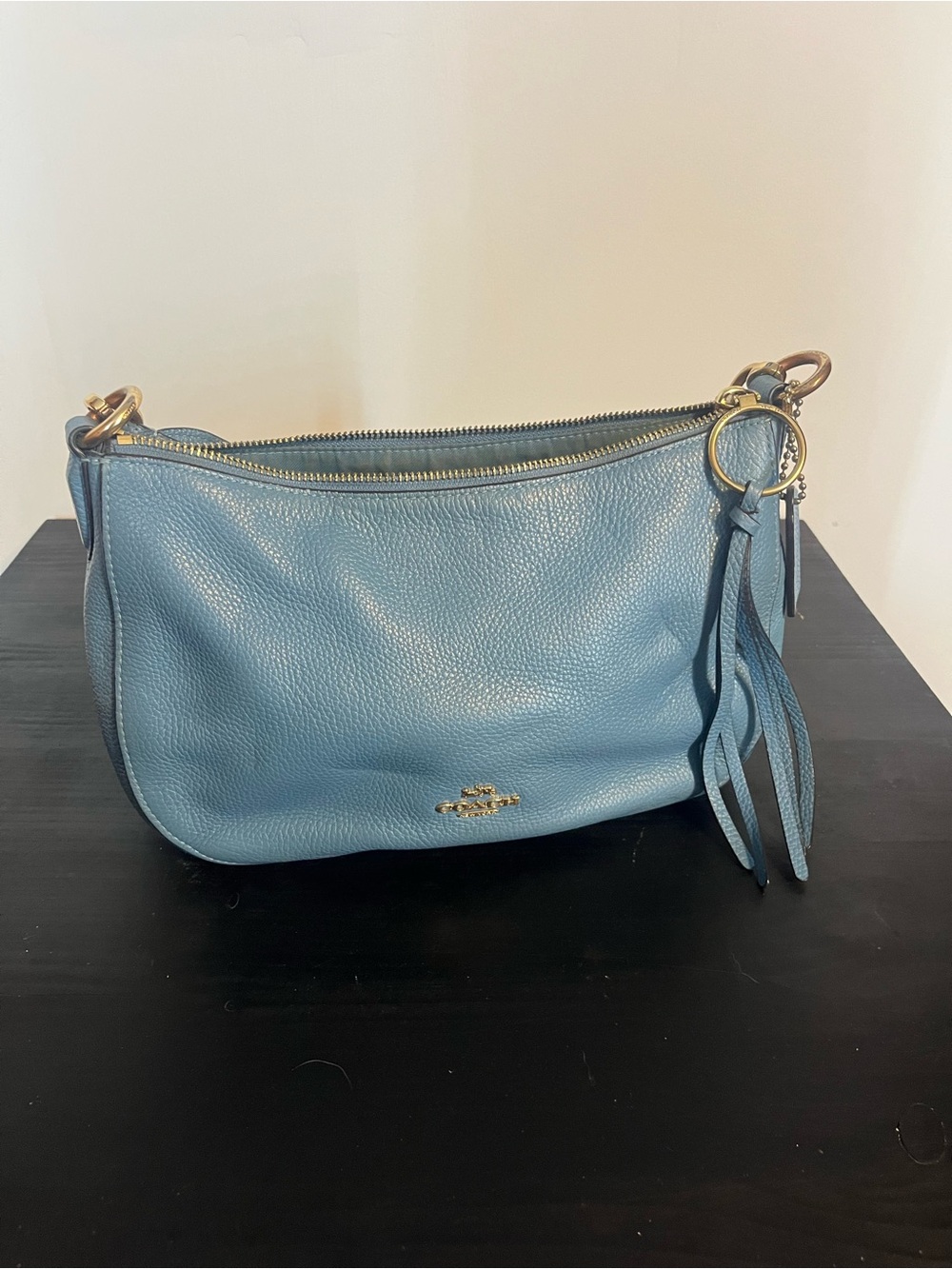 Coach Pebble Leather Shoulder Bag in Dusty Blue with Gold Hardware